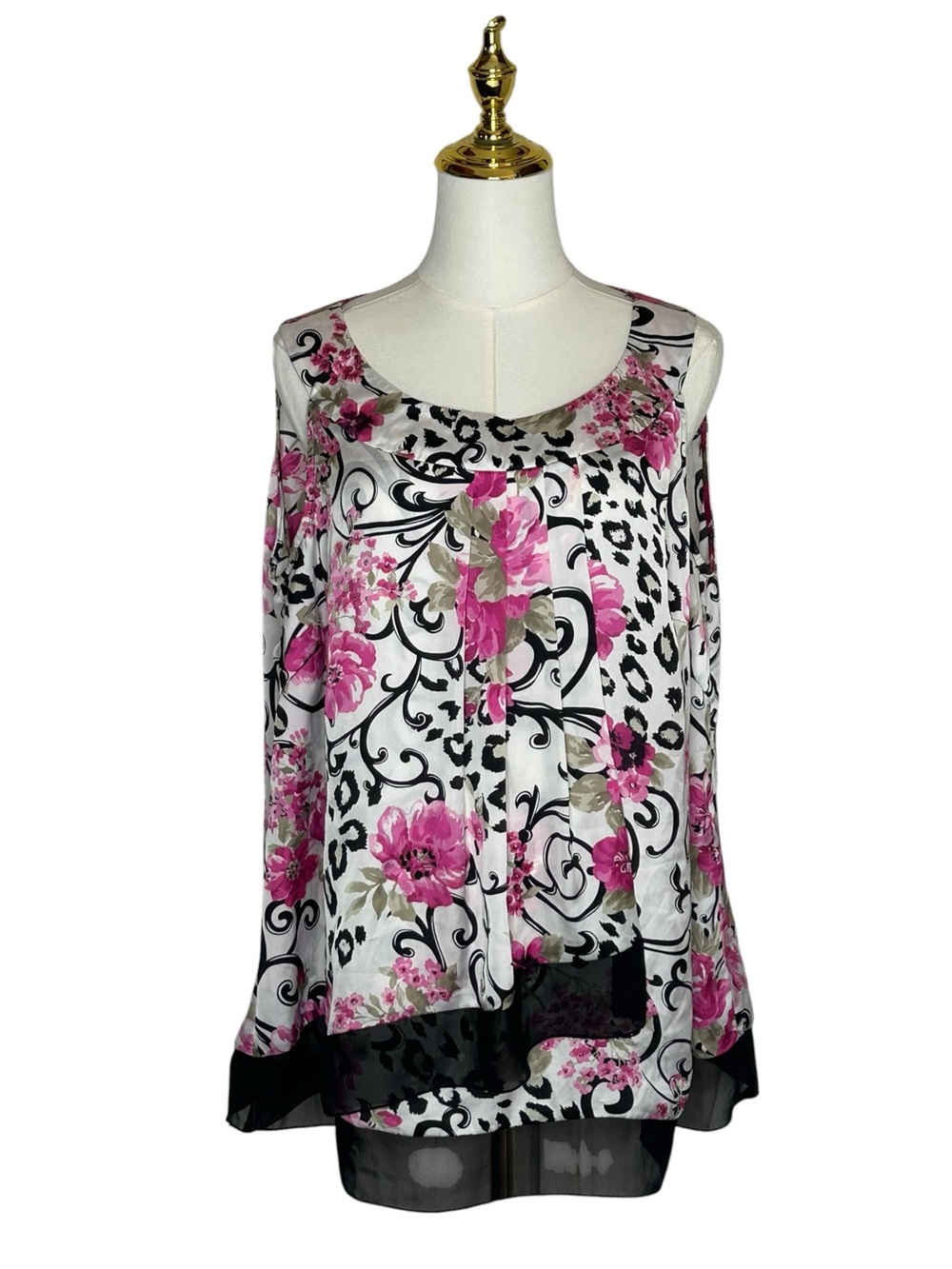Dress Barn Y2K White Pink Floral Boho Blouse Black Sheer Trim Sz 14/16 Flowy EUC